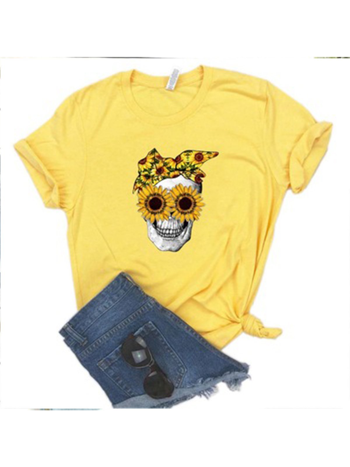 Sunflower Skull Print Multicolor Short Sleeve Shirts
