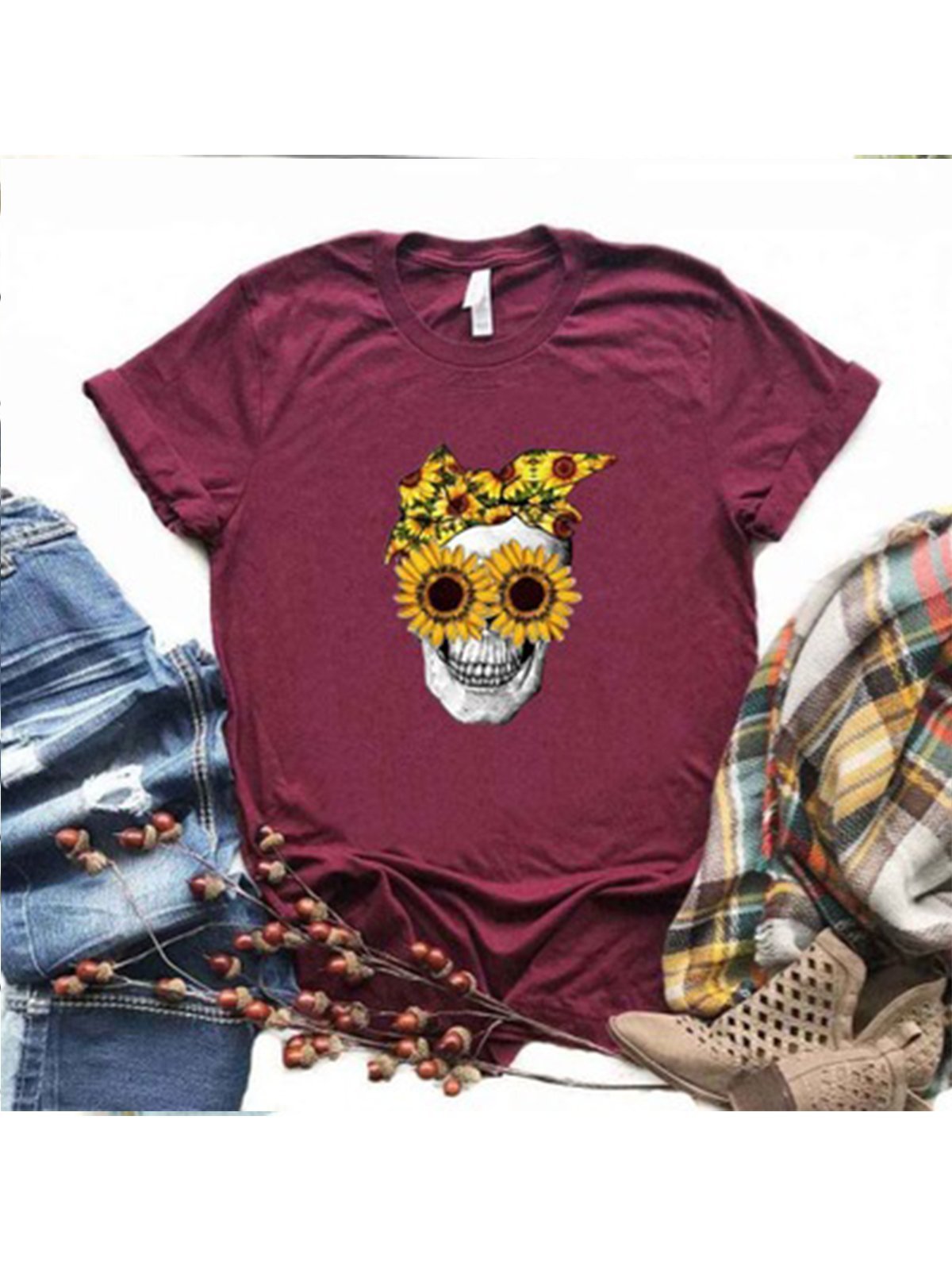 Sunflower Skull Print Multicolor Short Sleeve Shirts