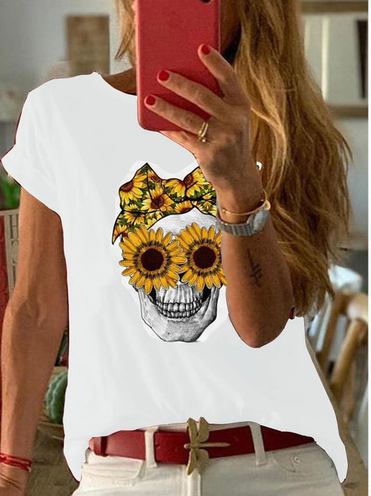 Sunflower Skull Print Multicolor Short Sleeve Shirts
