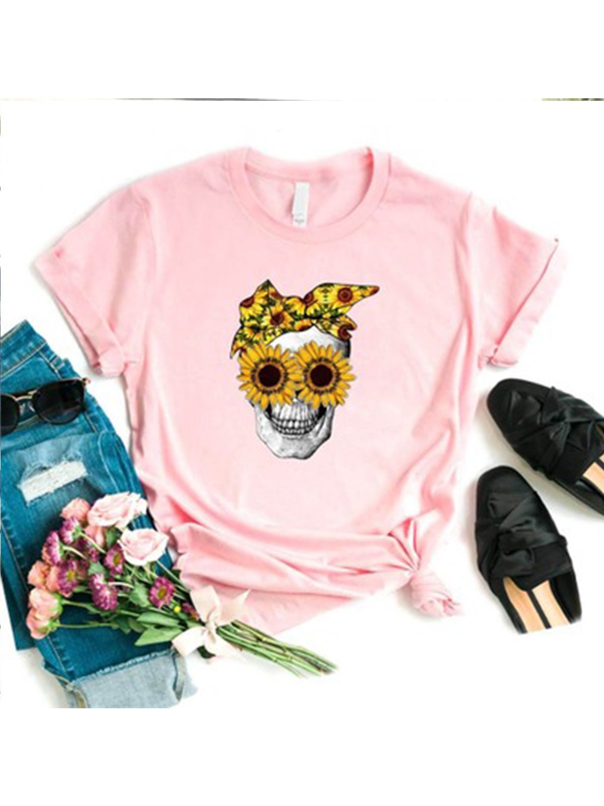 Sunflower Skull Print Multicolor Short Sleeve Shirts