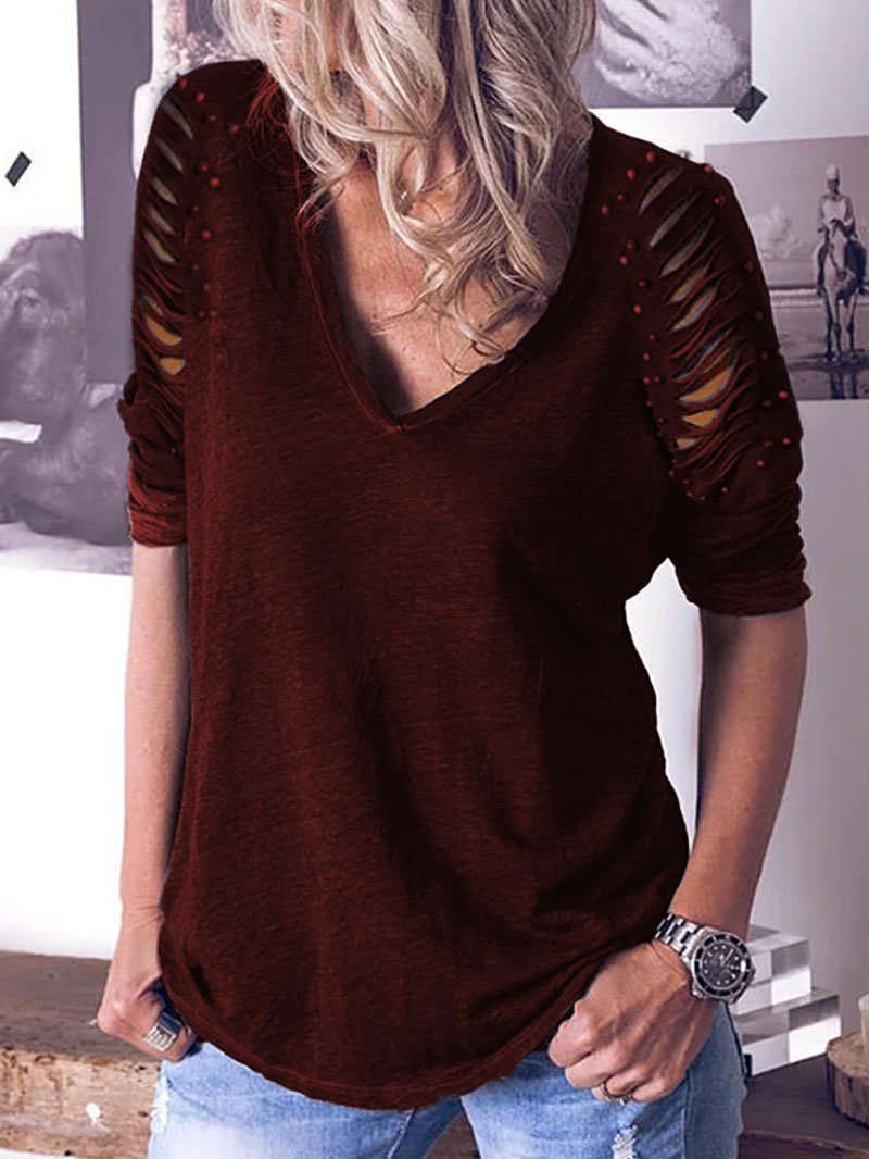 Women's V-neck Fabric Striped Long SleeveTops