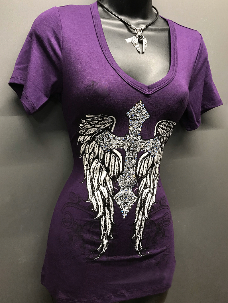 V-neck short-sleeved cross wings printed women's punk T-shirt