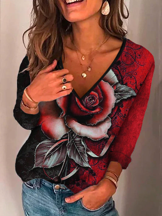 Rose Printed V-neck Lace Casual Top