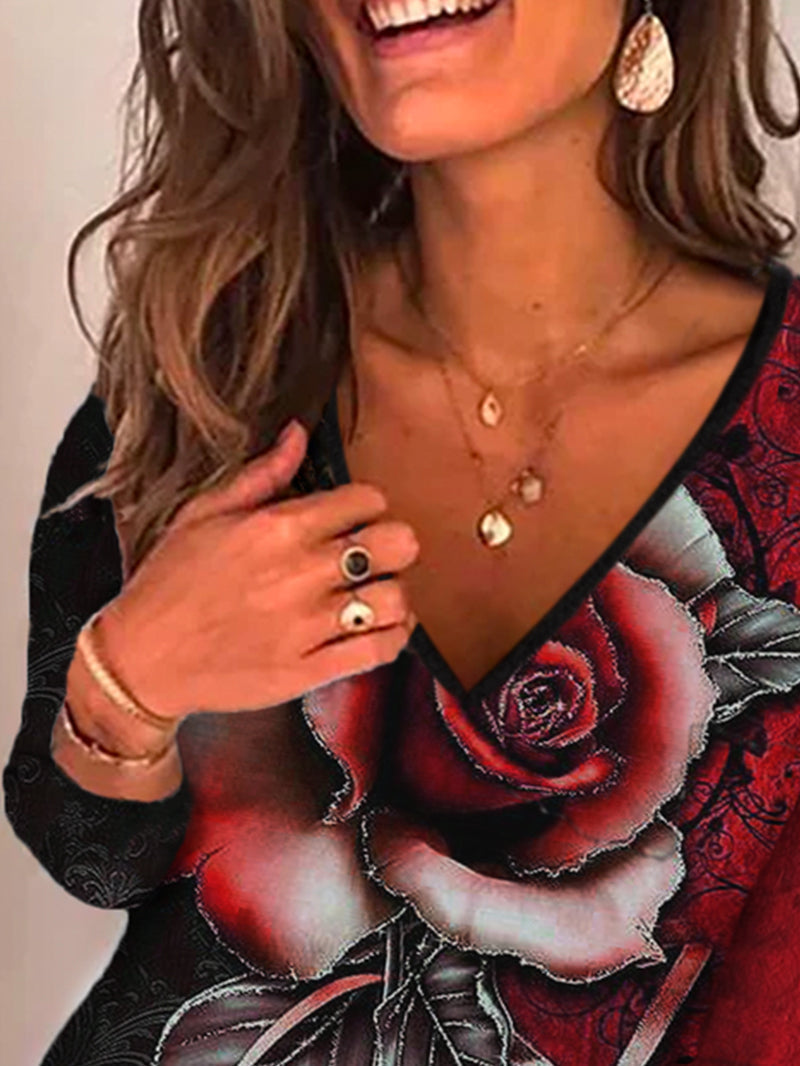 Rose Printed V-neck Lace Casual Top