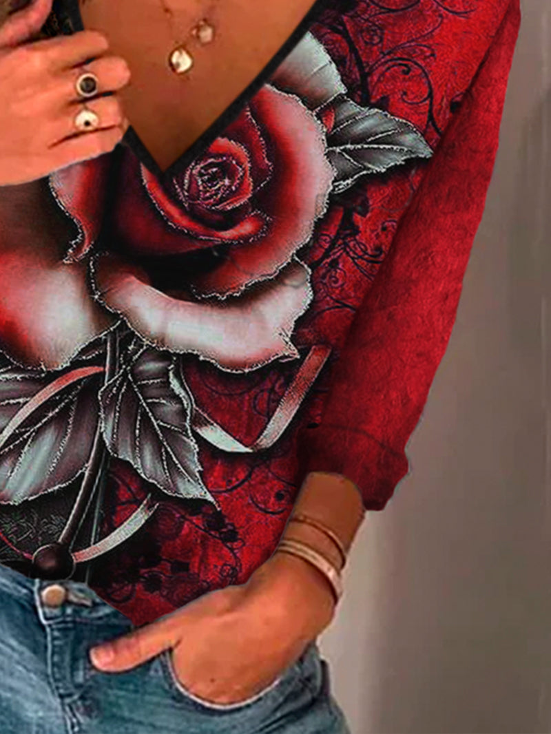 Rose Printed V-neck Lace Casual Top