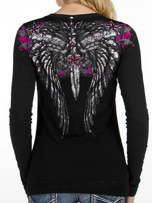 Pinkish Wings Punk Style Printed T-Shirt
