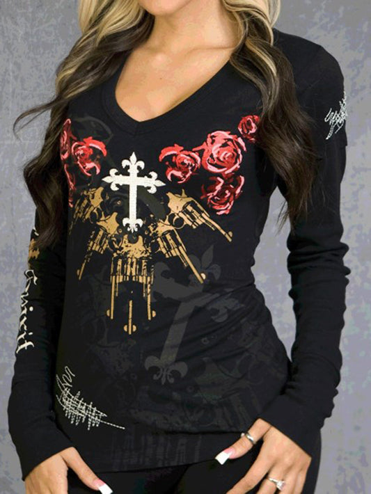 V-neck Vintage Punk T-shirt With Rose Cross Print