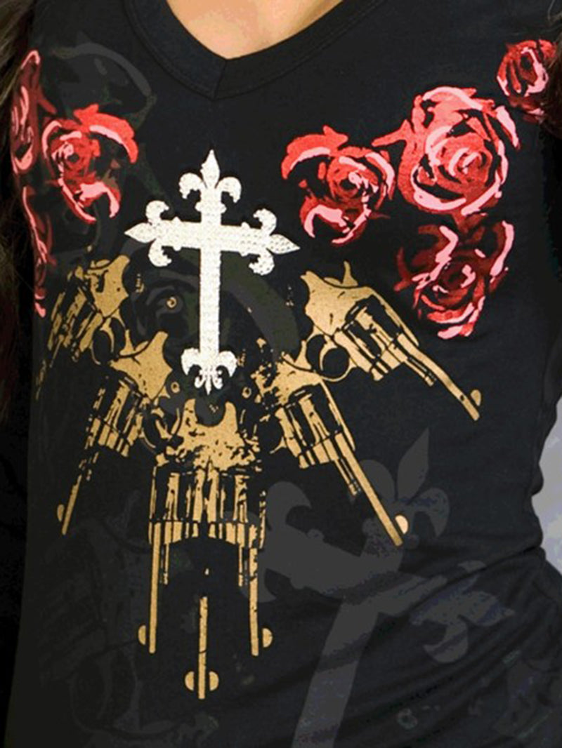 V-neck Vintage Punk T-shirt With Rose Cross Print