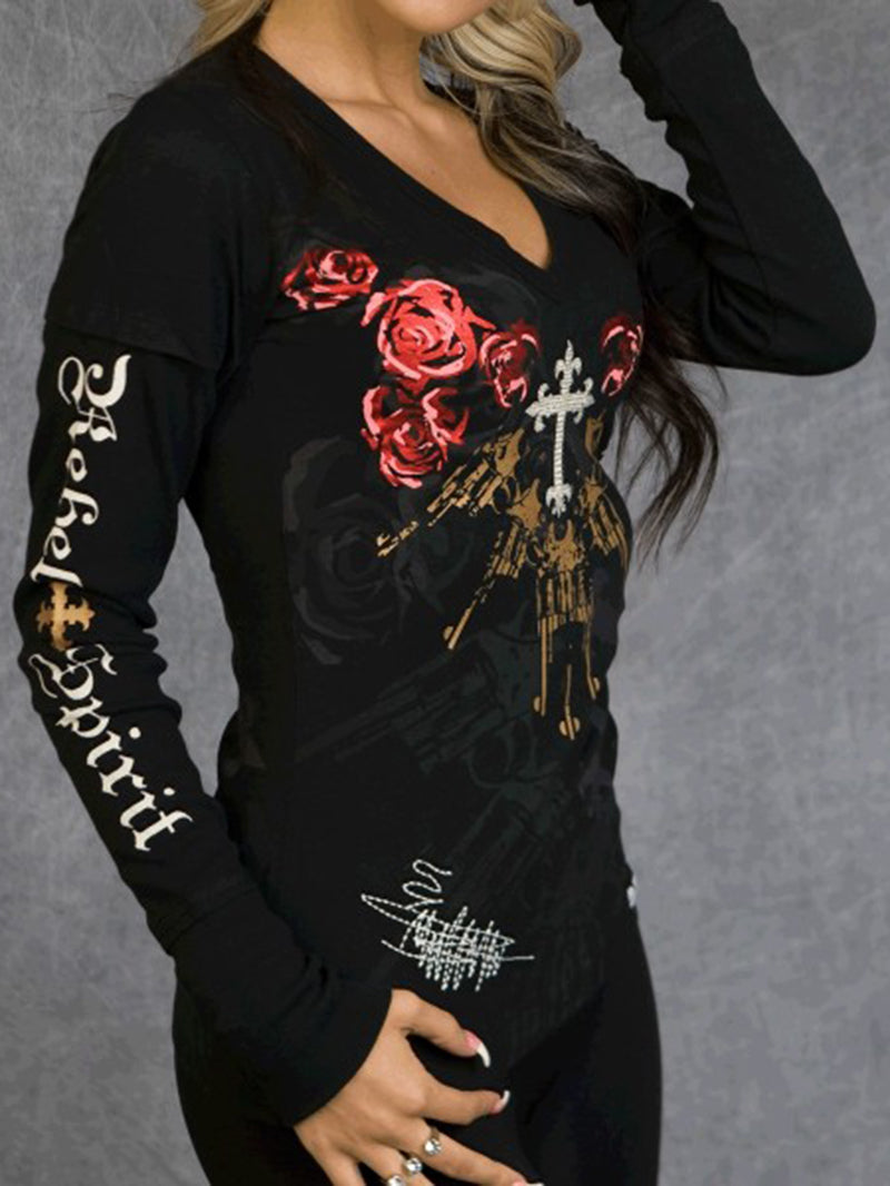 V-neck Vintage Punk T-shirt With Rose Cross Print