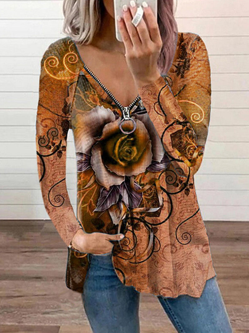 V-neck Zipper Rose Flower Print Long-sleeved T-shirt