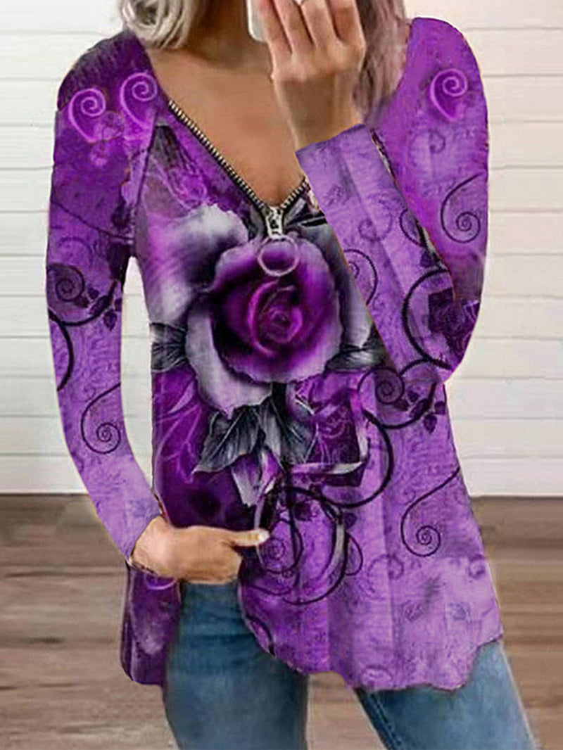 V-neck Zipper Rose Flower Print Long-sleeved T-shirt