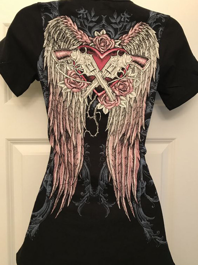 V-neck Wings Printed Punk Short-sleeved T-shirt