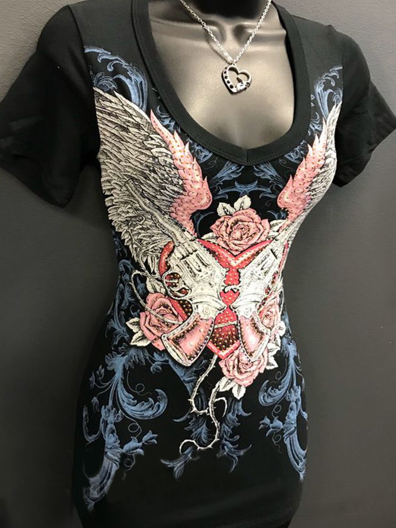 V-neck Wings Printed Punk Short-sleeved T-shirt