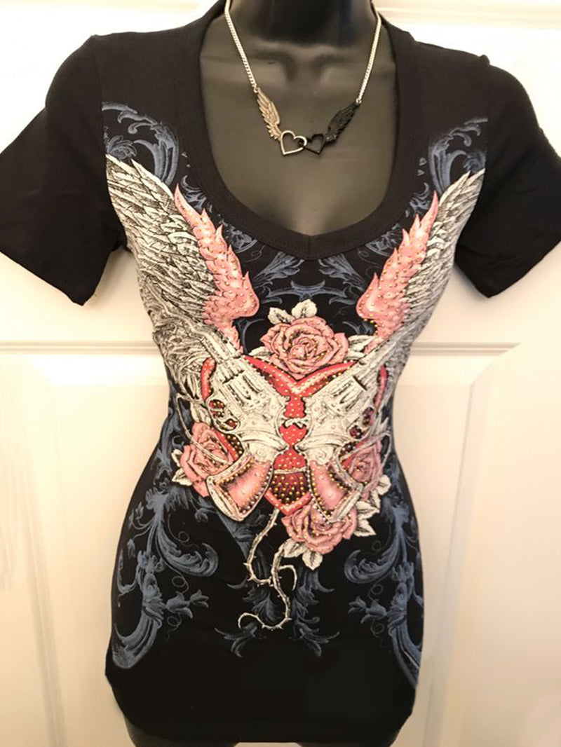 V-neck Wings Printed Punk Short-sleeved T-shirt