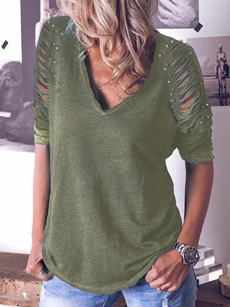 Women's V-neck Fabric Striped Long SleeveTops