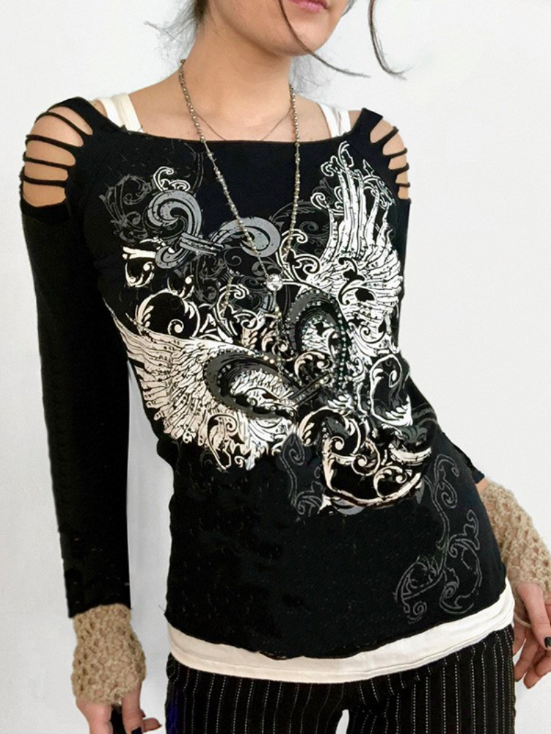Butterfly Print Ripped Hollow Punk Long-Sleeved T-shirt
