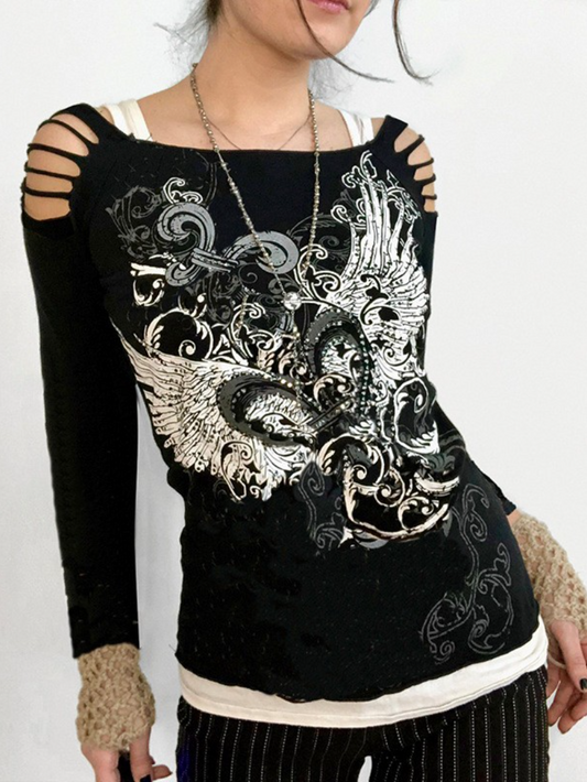 Butterfly Print Ripped Hollow Punk Long-Sleeved T-shirt