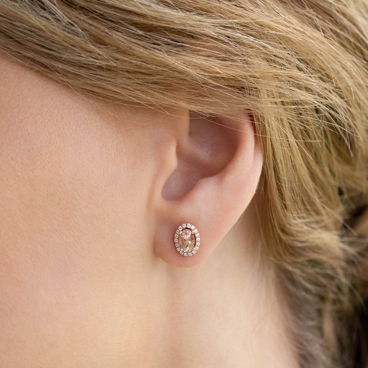 Morganite Halo Stud Earrings Rose Gold - Marzia