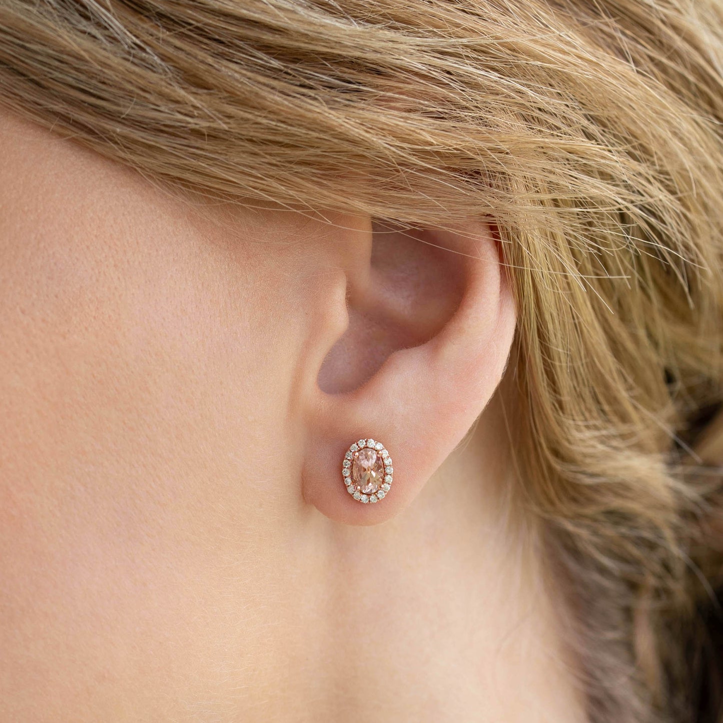 Morganite Halo Stud Earrings Rose Gold - Marzia