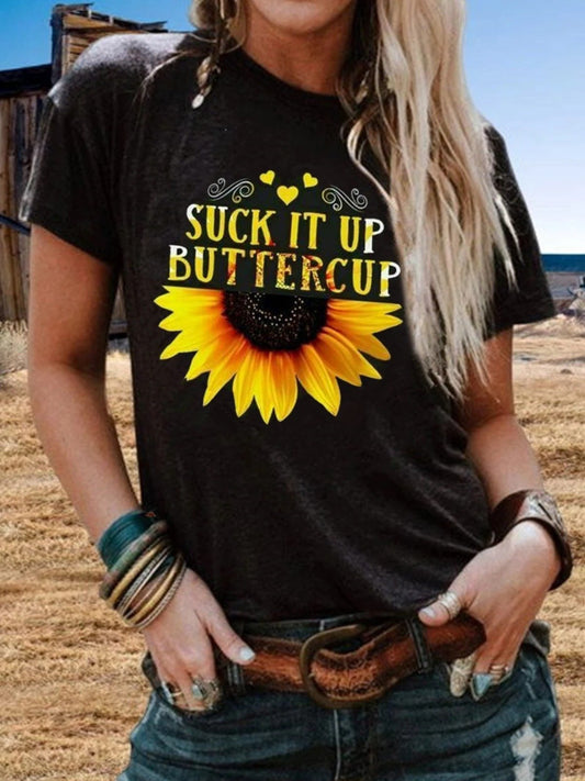 Sunflower Vintage Short Sleeve Letter Printed Plus Size Casual Tops