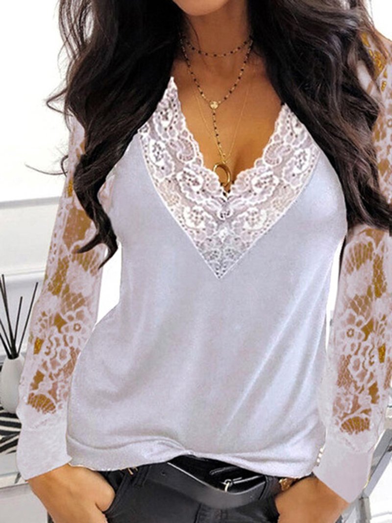 Lace Splicing V-neck Long-sleeved T-shirt