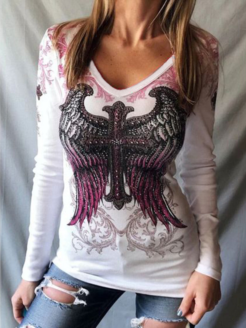 V-neck Cross Wings Print Slim-fit Punk Retro T-shirt