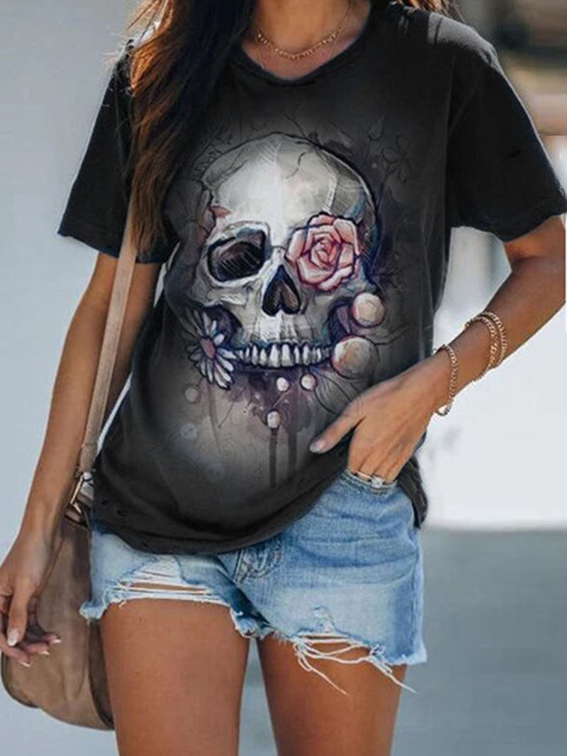 Skull Print Round Neck Women's T-shirt