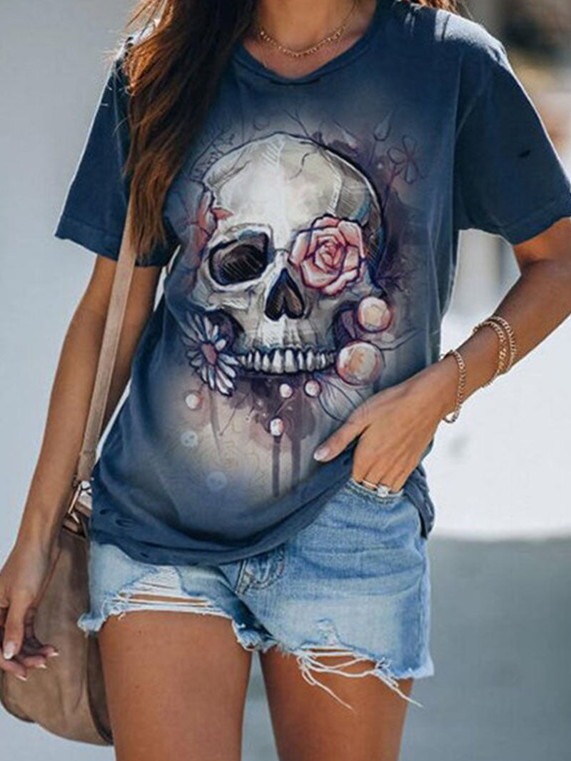 Skull Print Round Neck Women's T-shirt