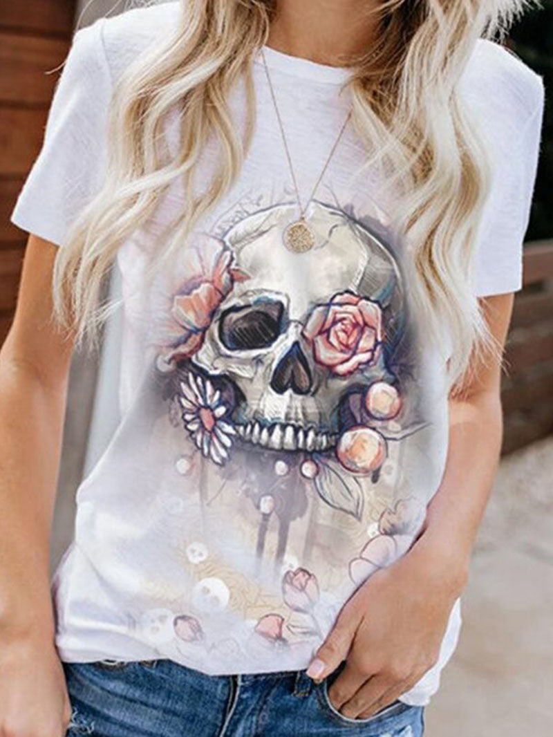 Skull Print Round Neck Women's T-shirt