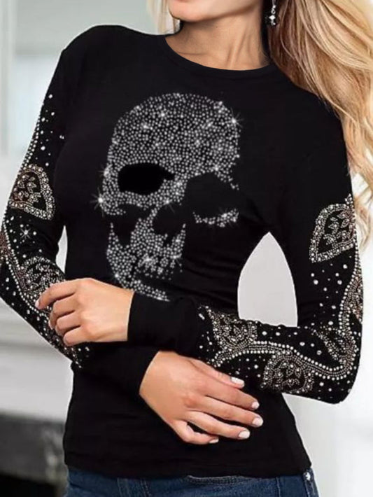 Rhinestone Skull Plus Size Long Sleeved T-shirt