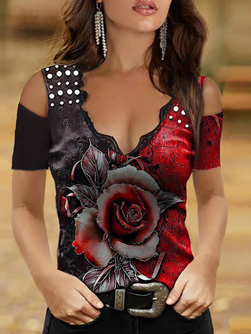 Cold Shoulder Rose Printed V-neck Top