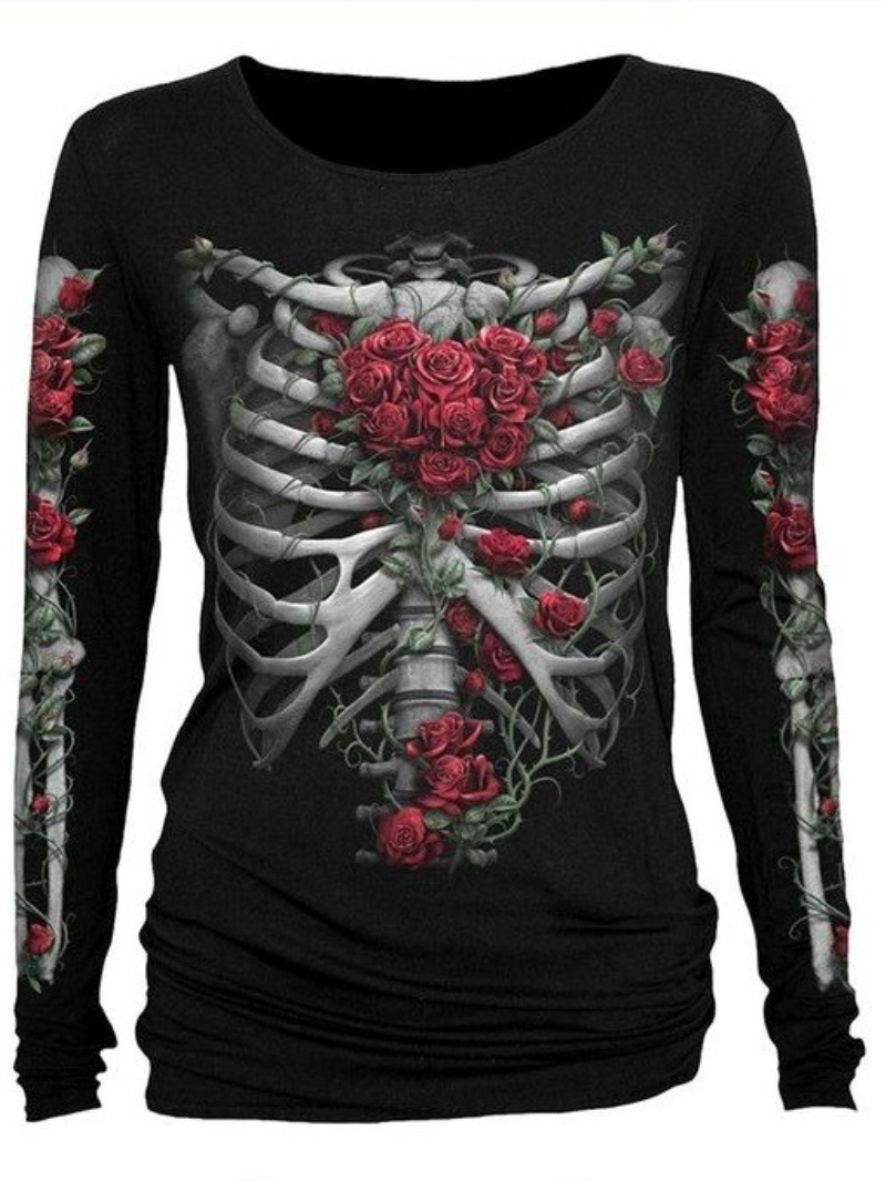 Roses Ribs Punk Style Printed T-Shirt