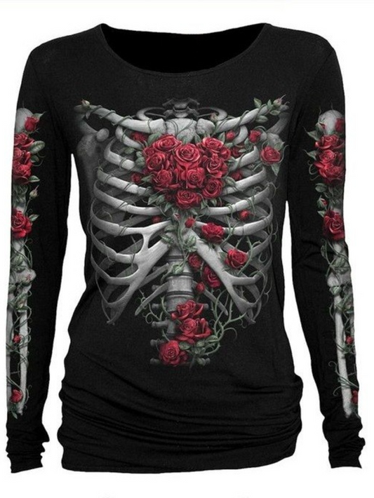 Roses Ribs Punk Style Printed T-Shirt