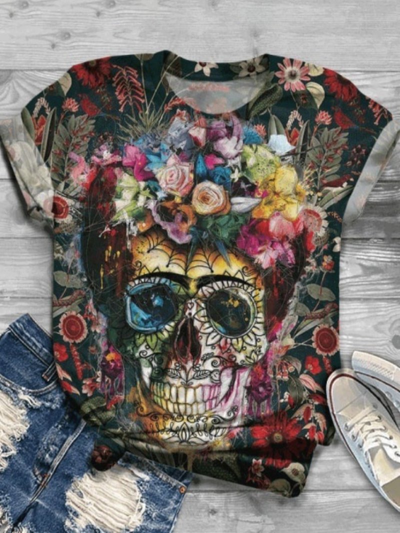 Casual Rose Skull Round Neck Short Sleeve Printed T-shirt