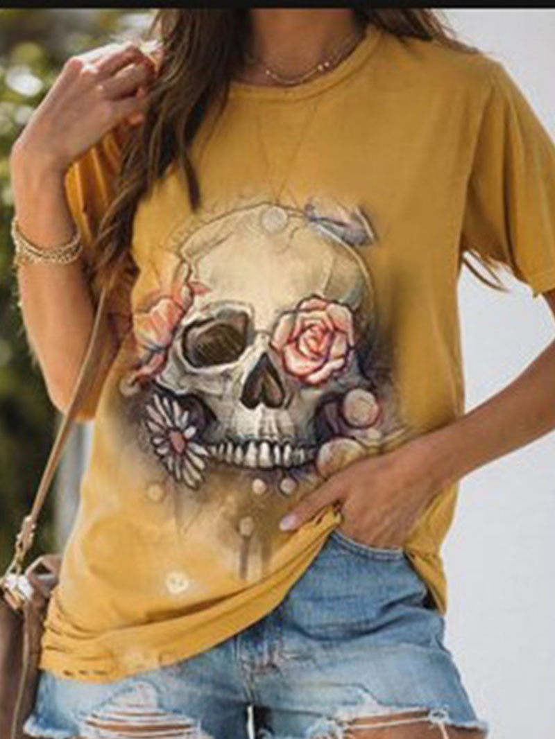 Skull Print Round Neck Women's T-shirt