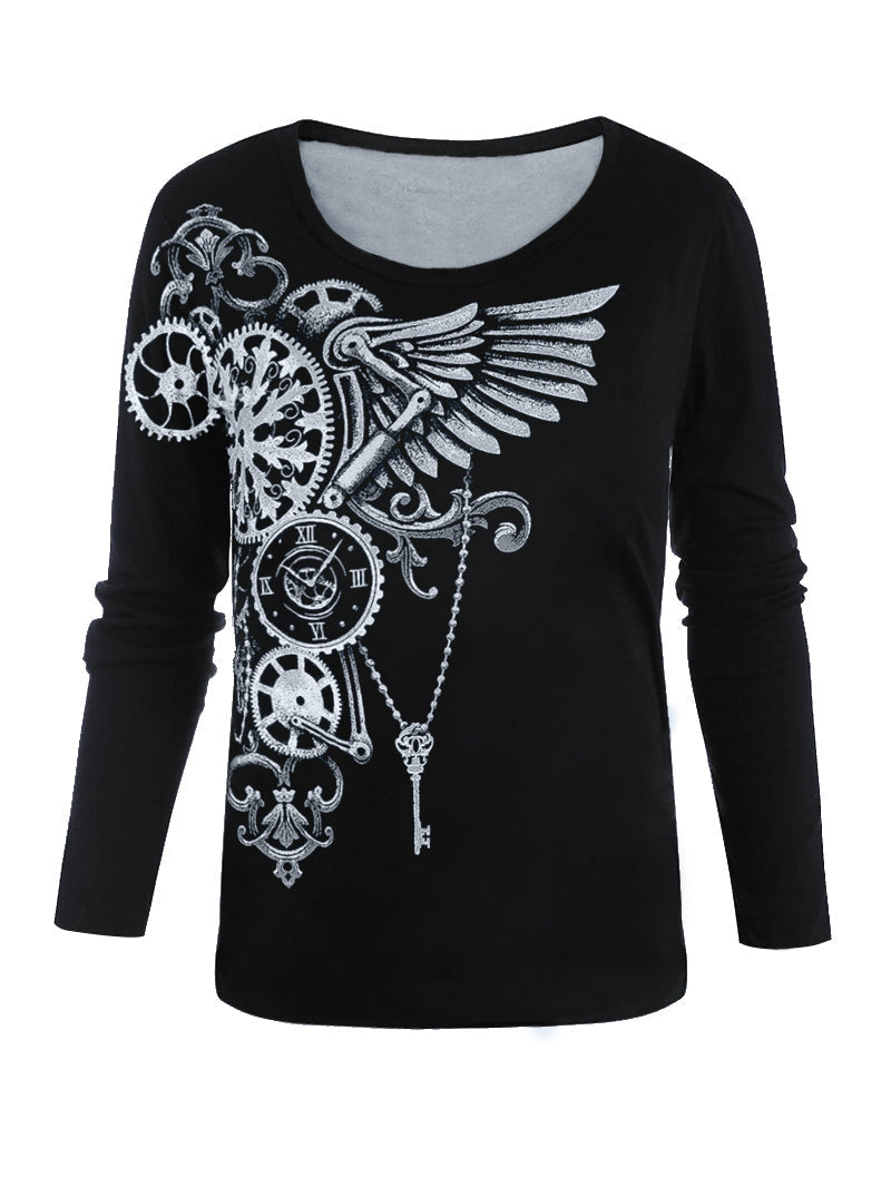Round Neck Mechanical Print Female T-shirt