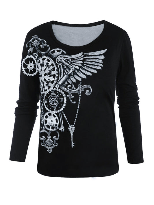 Round Neck Mechanical Print Female T-shirt