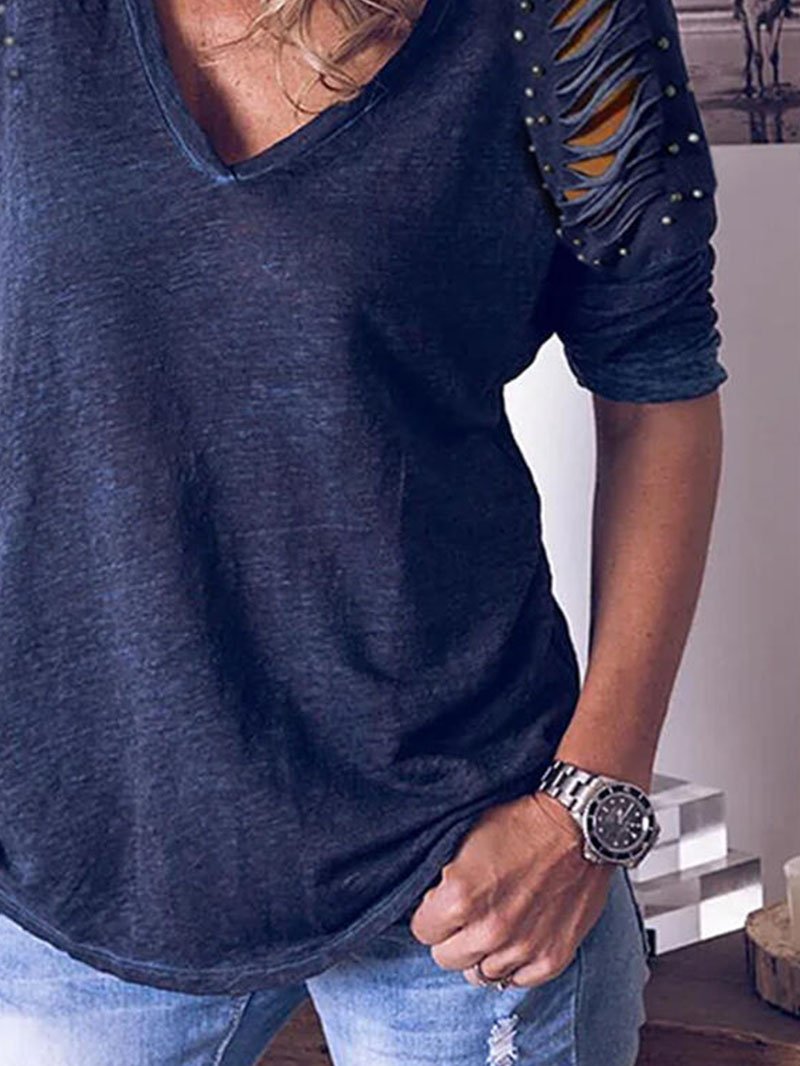 Women's V-neck Fabric Striped Long SleeveTops