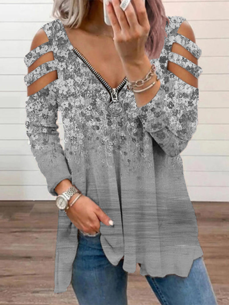 V-neck Zipper Hollowed-out Long-sleeved T-shirt