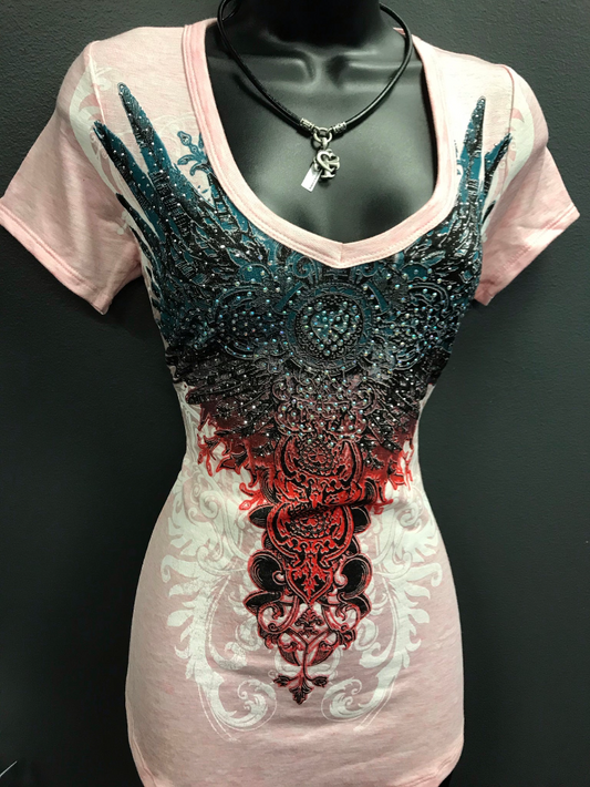 V-neck short-sleeved cross wings printed women's punk T-shirt