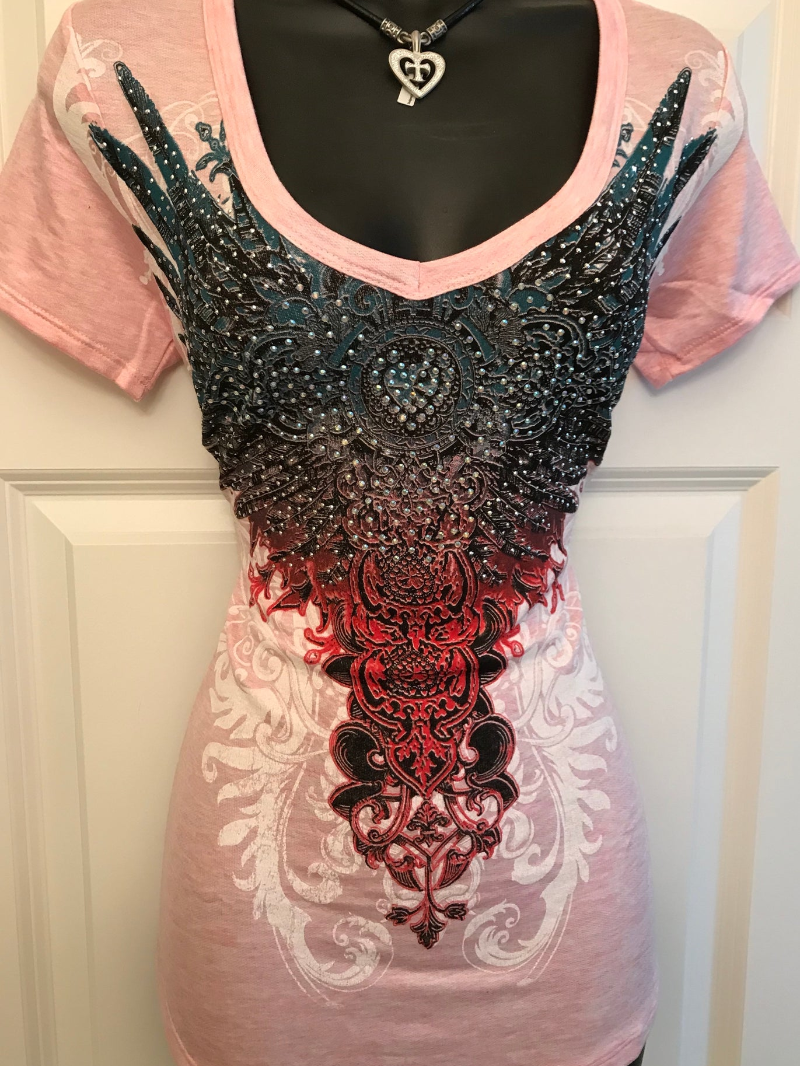 V-neck short-sleeved cross wings printed women's punk T-shirt