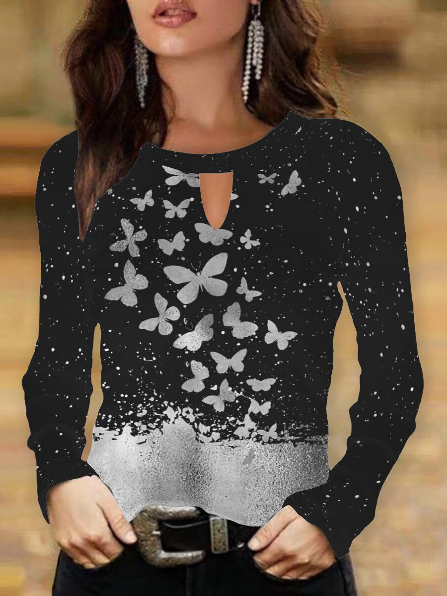 Border Butterfly Print Long Sleeve T-Shirt