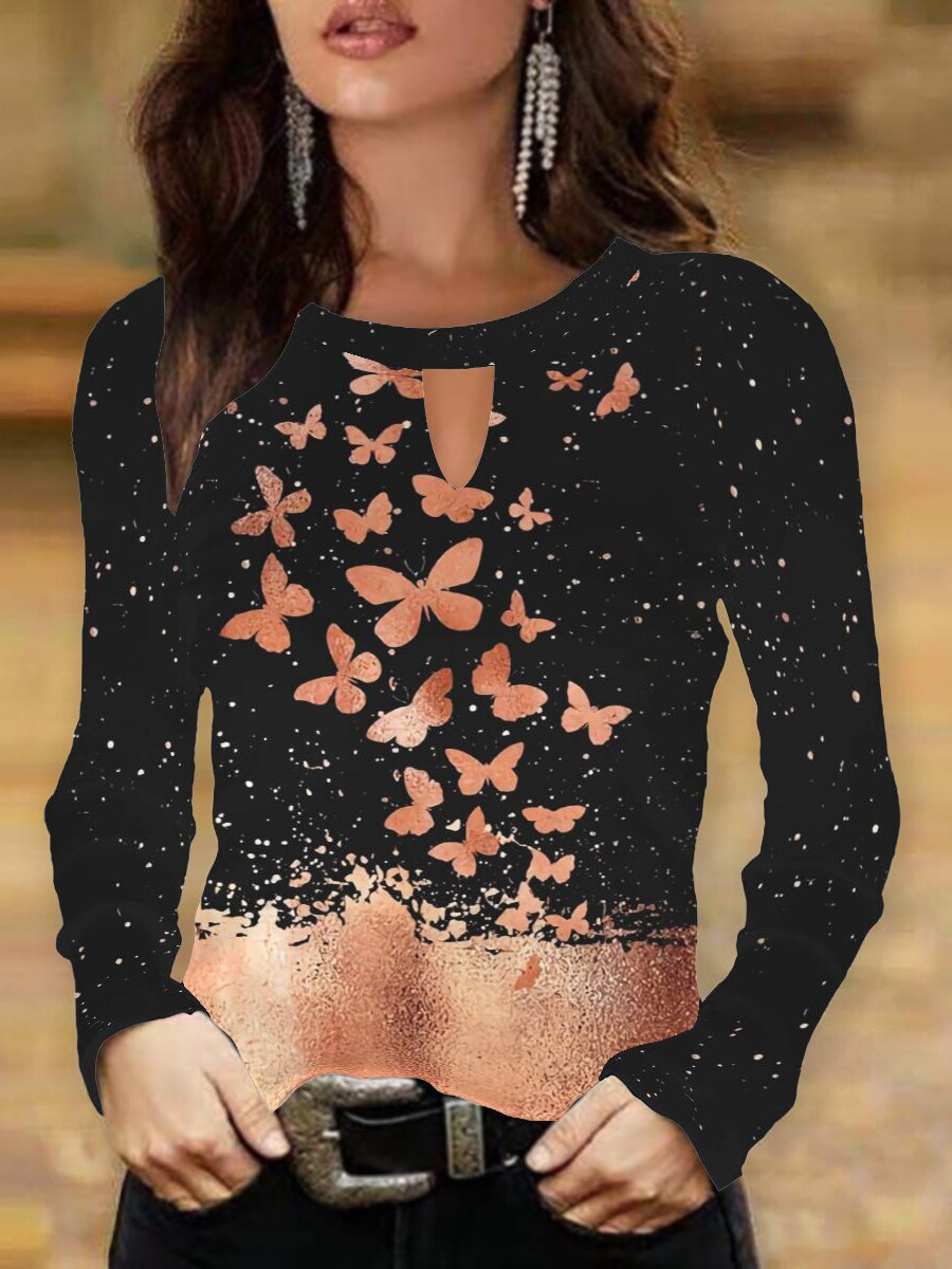 Border Butterfly Print Long Sleeve T-Shirt