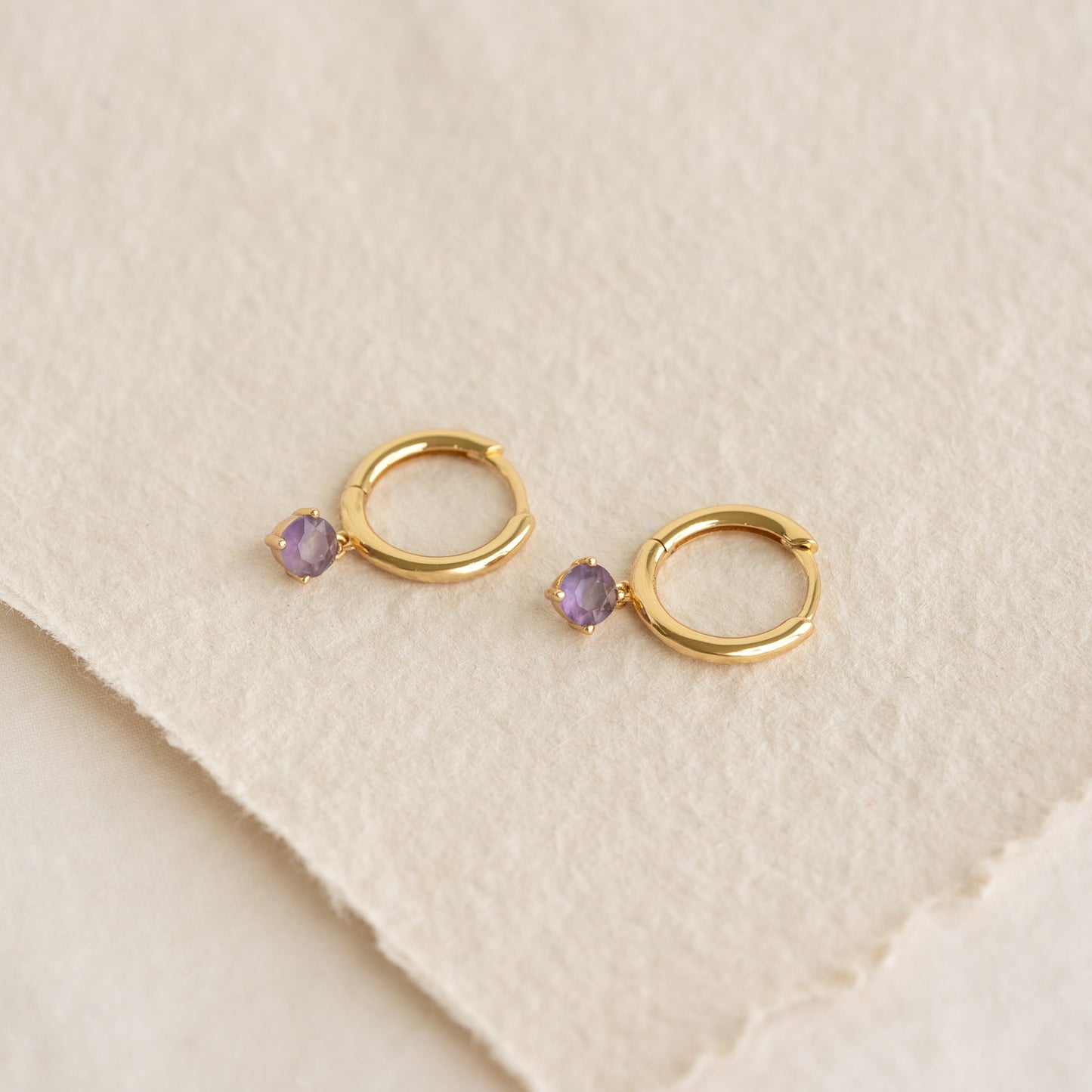 February Birthstone Drop Huggie Earrings - Amethyst