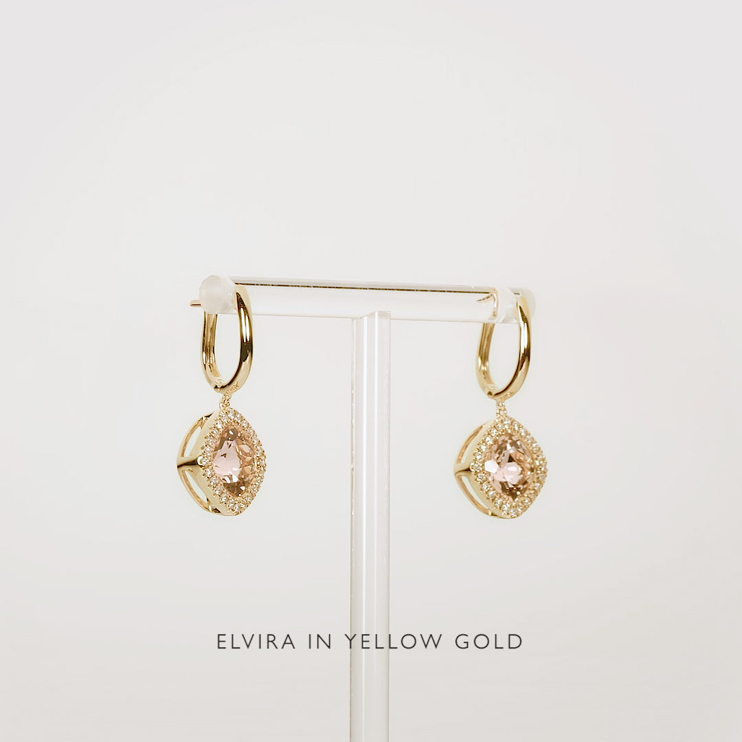 Morganite and Diamond Halo Drop Earrings 14k Gold - Elvira