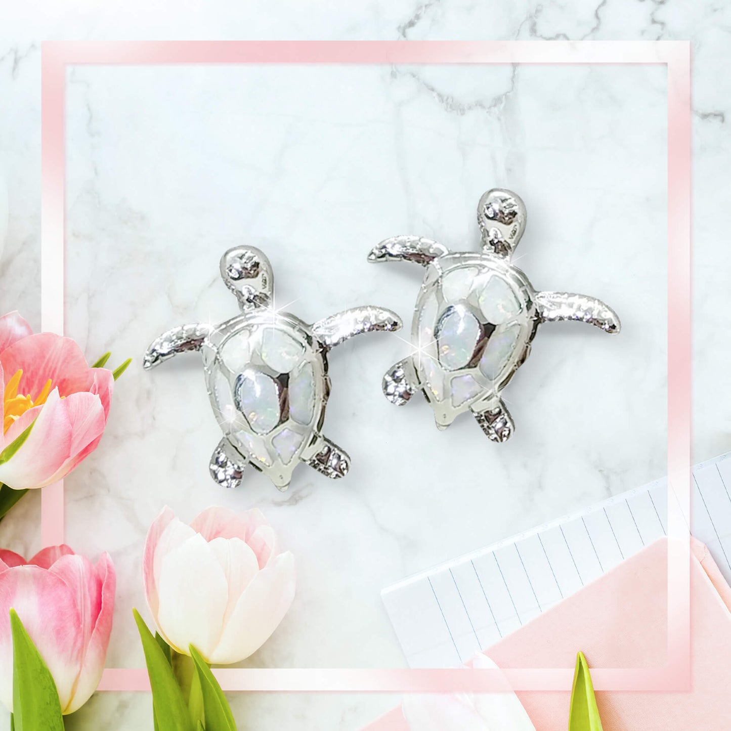 White Opal Sea Turtle Earrings