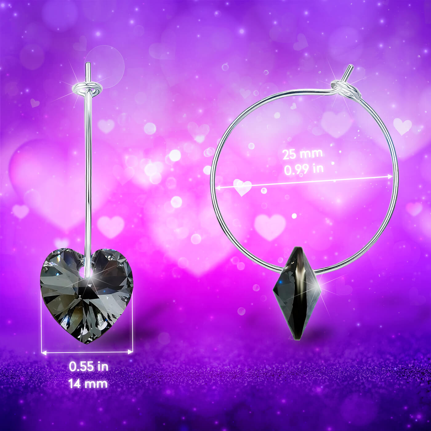 Black Crystal Heart Hoop Earrings