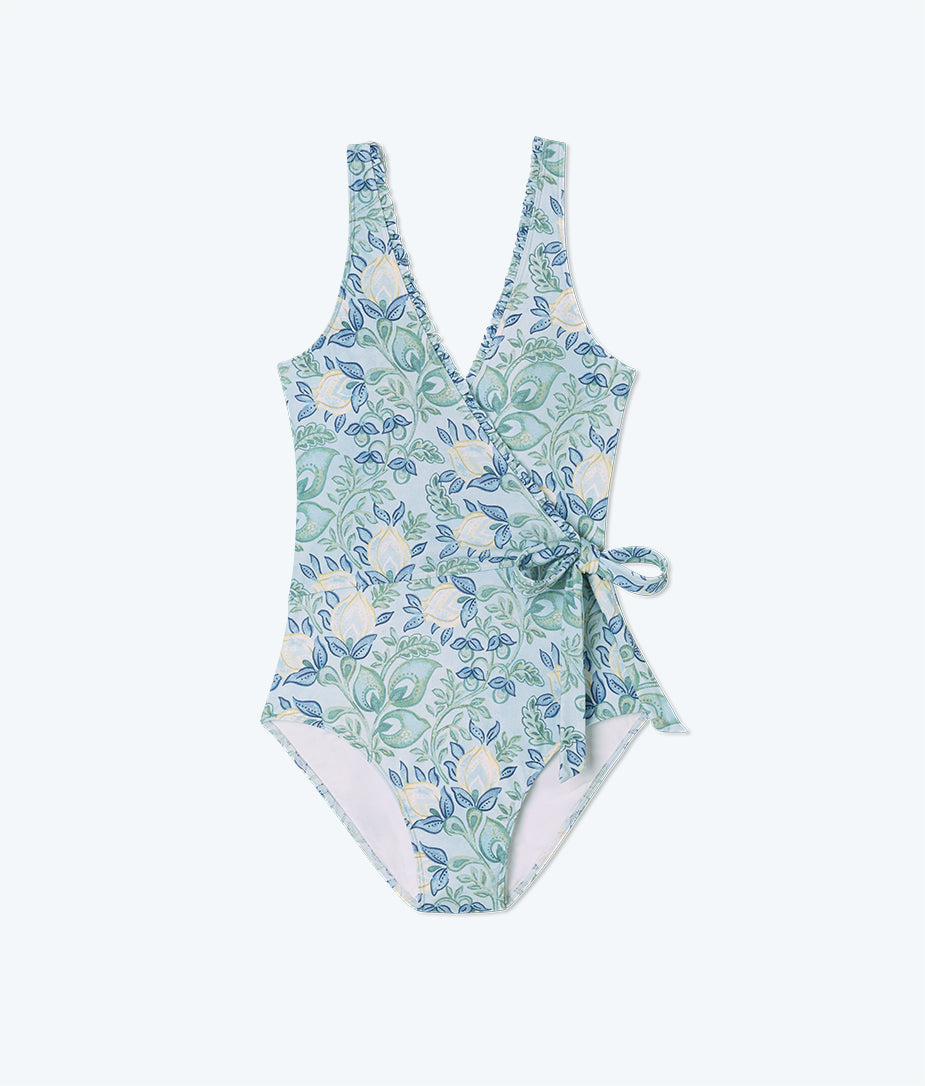 The Mini-Ruffle Perfect Wrap One-Piece - Secret Garden in Powder Blue & Sage