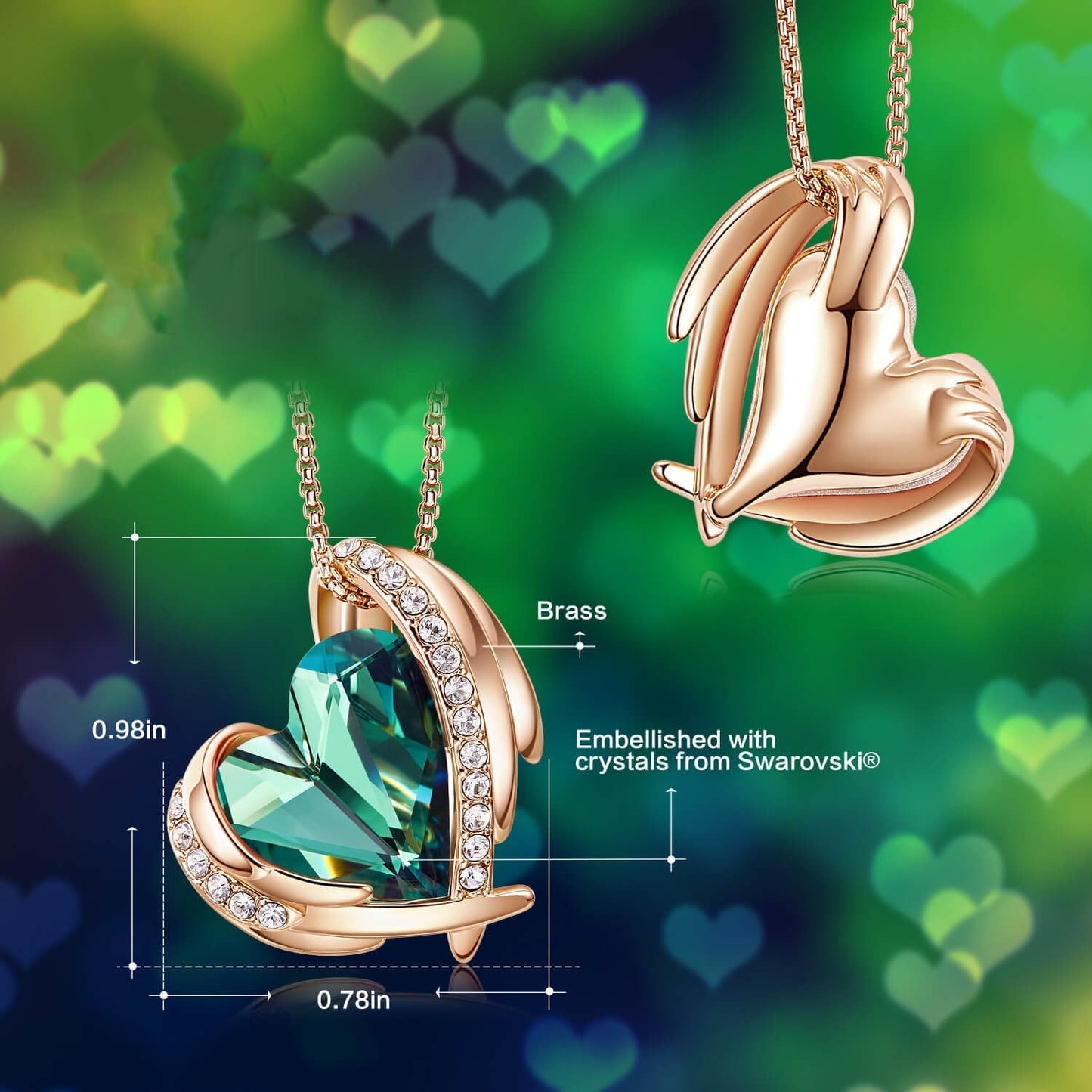 Green & Rose Gold Angel Heart Necklace