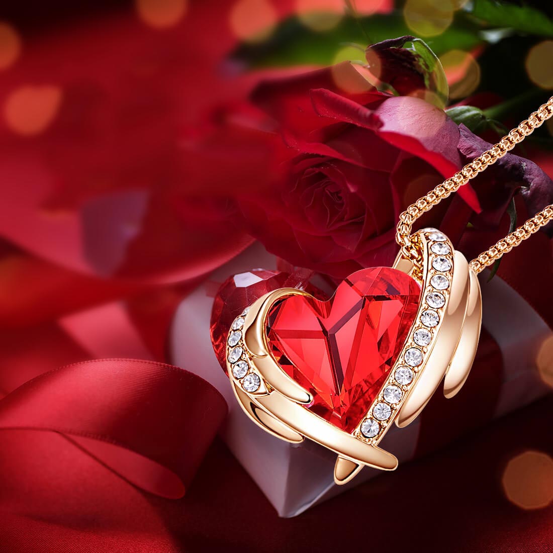 Red & Rose Gold Angel Heart Necklace